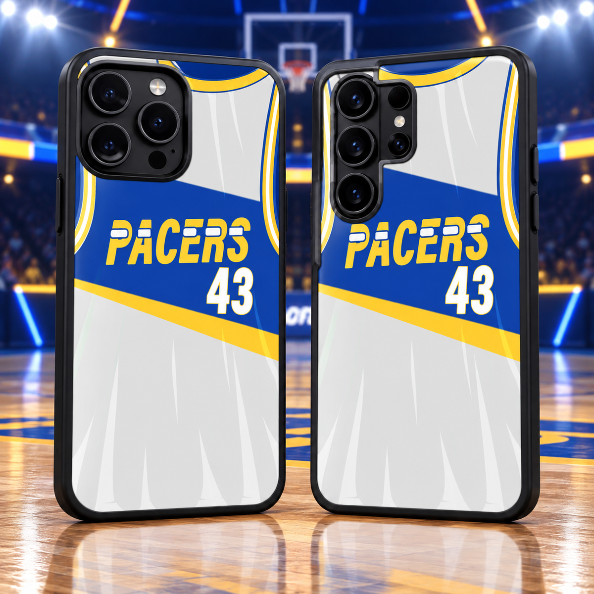 Indiana Pacers white and blue jersey number 43 iPhone 18 Pro Max and Samsung Galaxy S26 Ultra phone case mockup