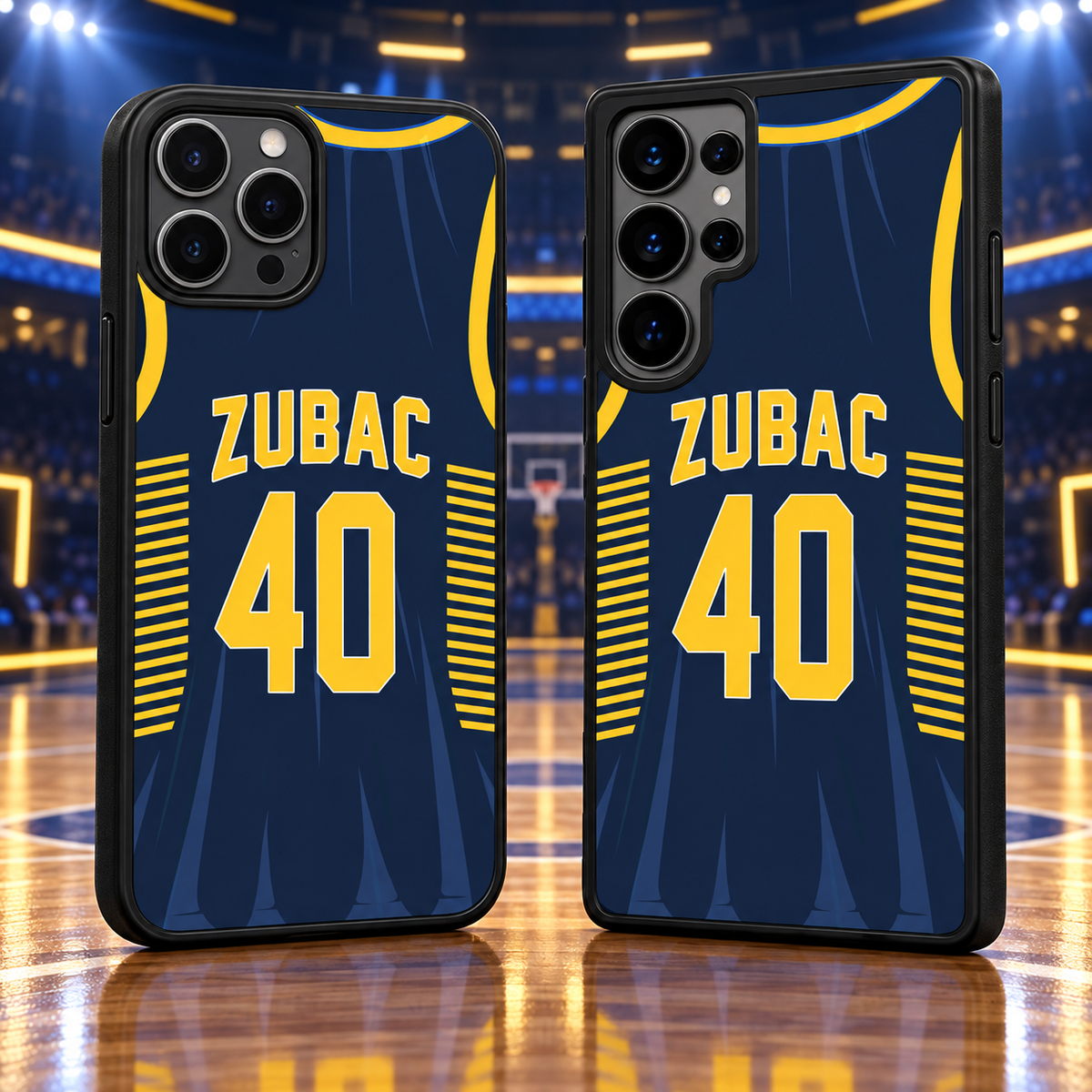 Indiana Pacers Zubac navy jersey number 40 iPhone 18 Pro Max and Samsung Galaxy S26 Ultra phone case mockup
