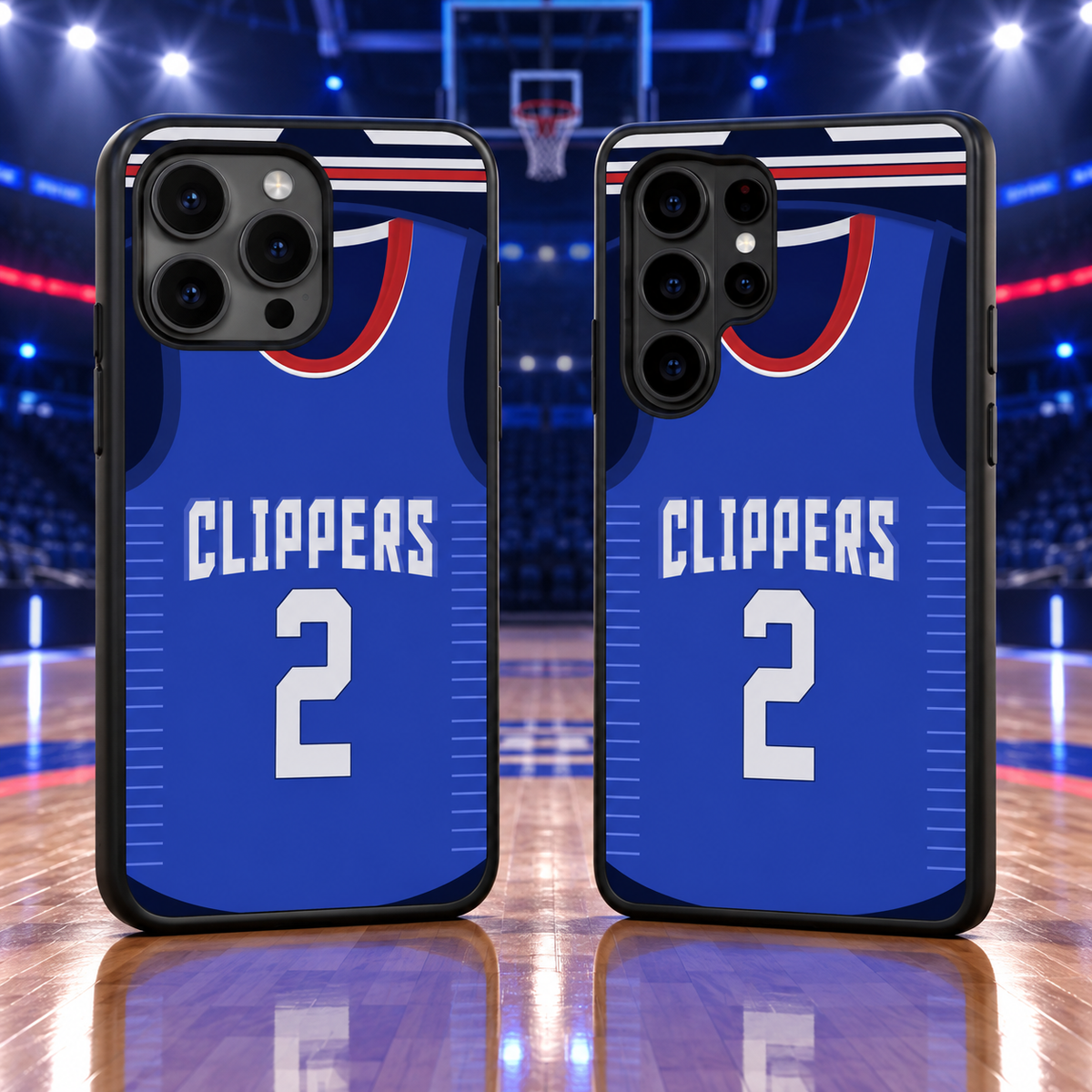 Los Angeles Clippers blue jersey number 2 iPhone 18 Pro Max and Samsung Galaxy S26 Ultra phone case mockup
