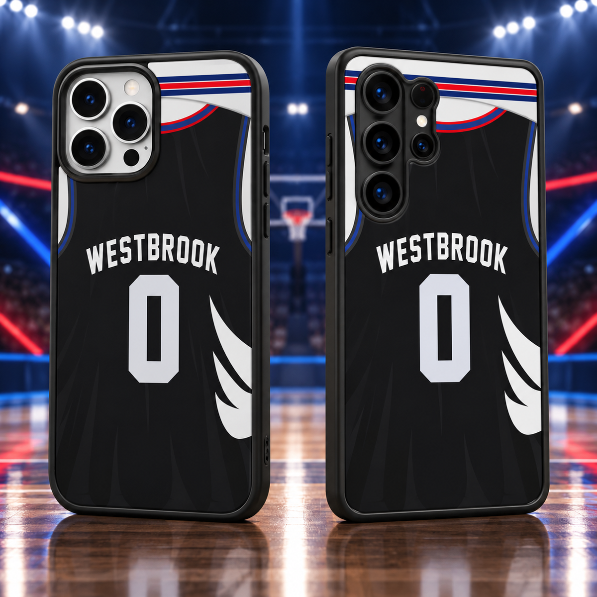 Los Angeles Clippers Westbrook black jersey number 0 iPhone 18 Pro Max and Samsung Galaxy S26 Ultra phone case mockup