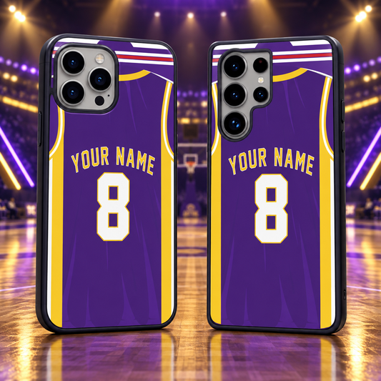 Los Angeles Lakers purple personalized jersey number 8 iPhone 18 Pro Max and Samsung Galaxy S26 Ultra phone case mockup