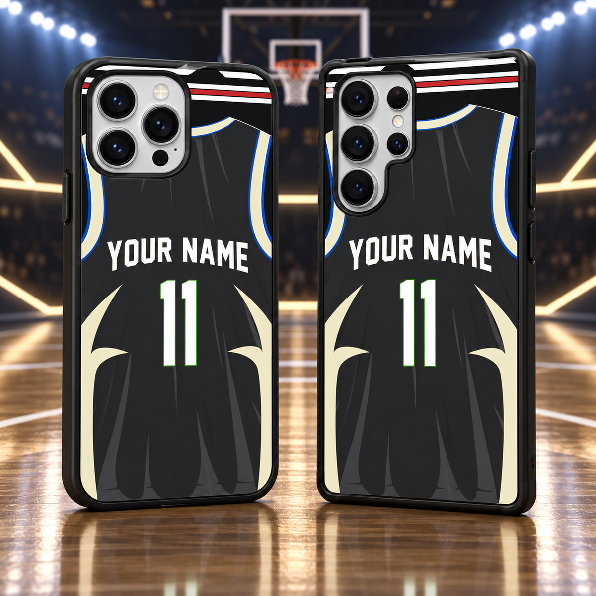 Milwaukee Bucks black personalized jersey number 11 iPhone 18 Pro Max and Samsung Galaxy S26 Ultra phone case mockup