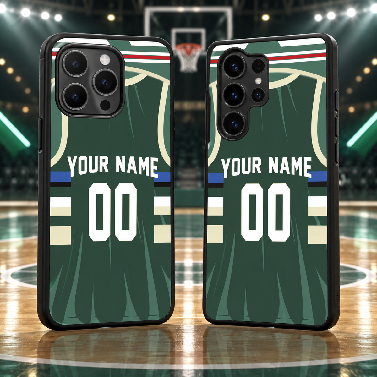Milwaukee Bucks green personalized jersey number 00 iPhone 18 Pro Max and Samsung Galaxy S26 Ultra phone case mockup