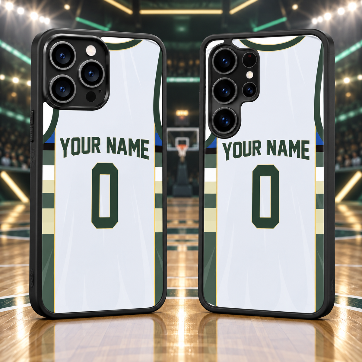 Milwaukee Bucks white personalized jersey number 0 iPhone 18 Pro Max and Samsung Galaxy S26 Ultra phone case mockup