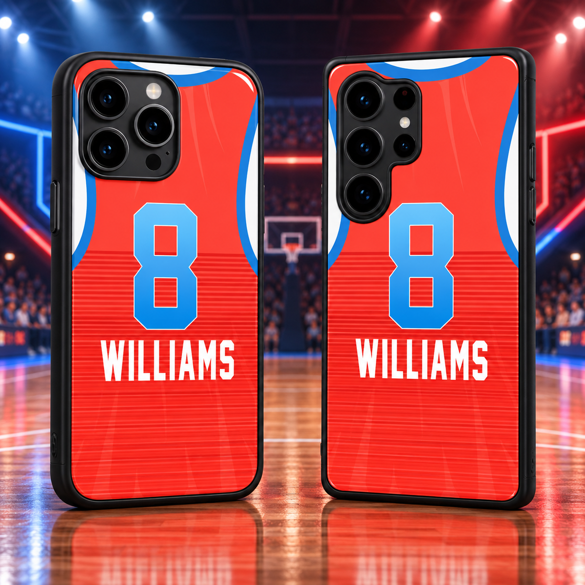 Oklahoma City Thunder Williams red jersey number 8 iPhone 18 Pro Max and Samsung Galaxy S26 Ultra phone case mockup