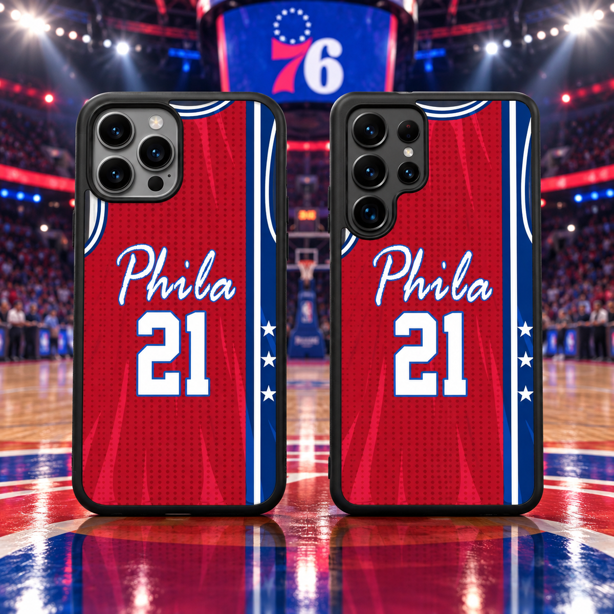 Philadelphia 76ers Phila 21 red basketball jersey phone case mockup