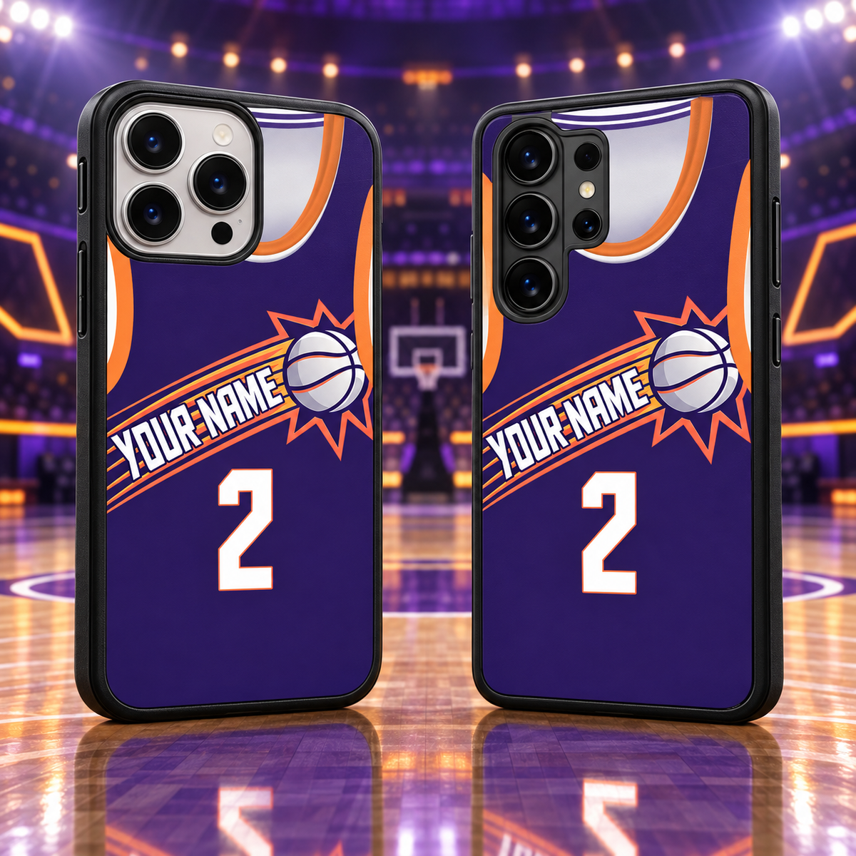 Phoenix Suns purple personalized jersey number 2 iPhone 18 Pro Max and Samsung Galaxy S26 Ultra case mockup