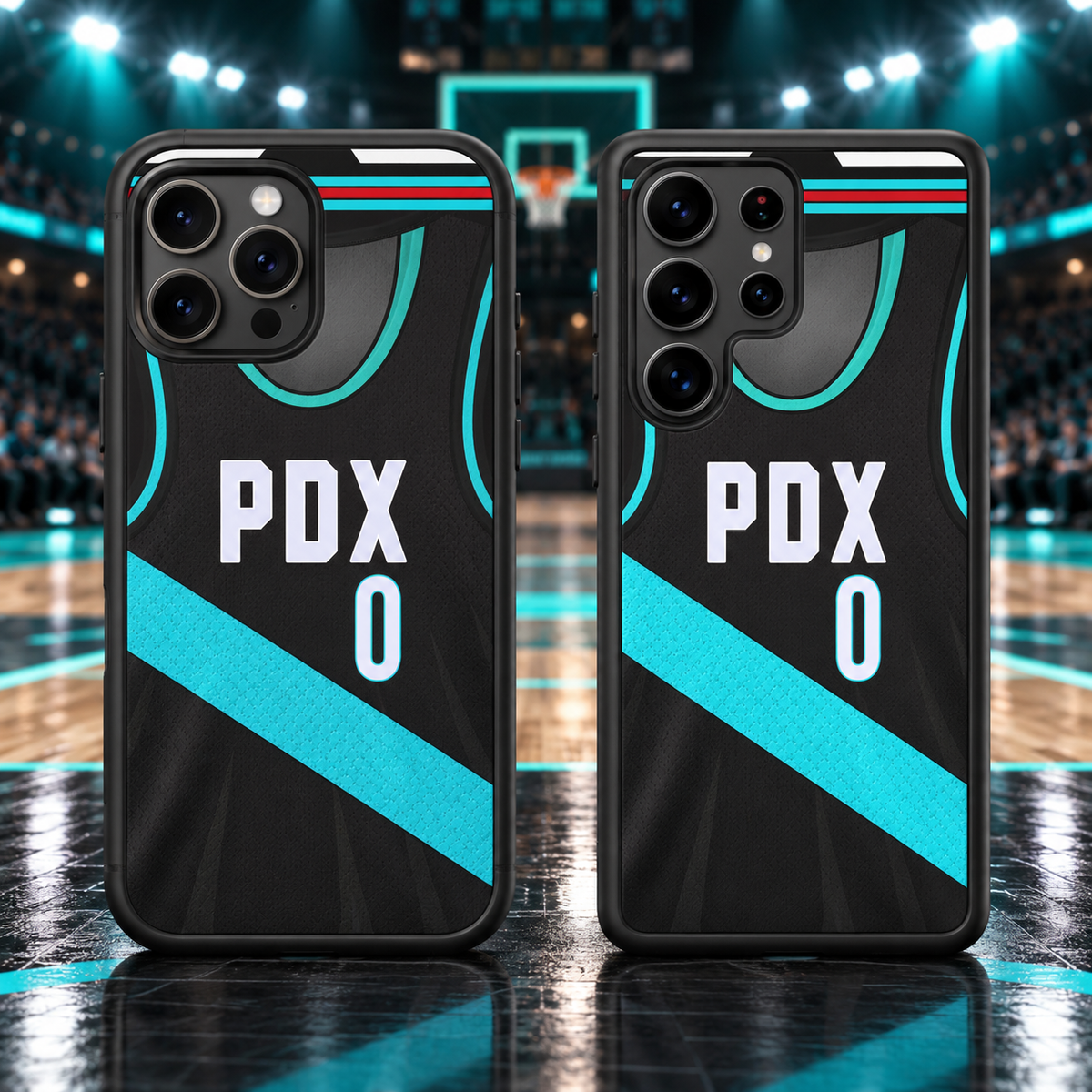 Portland Trail Blazers PDX 0 black and teal basketball jersey phone case mockup