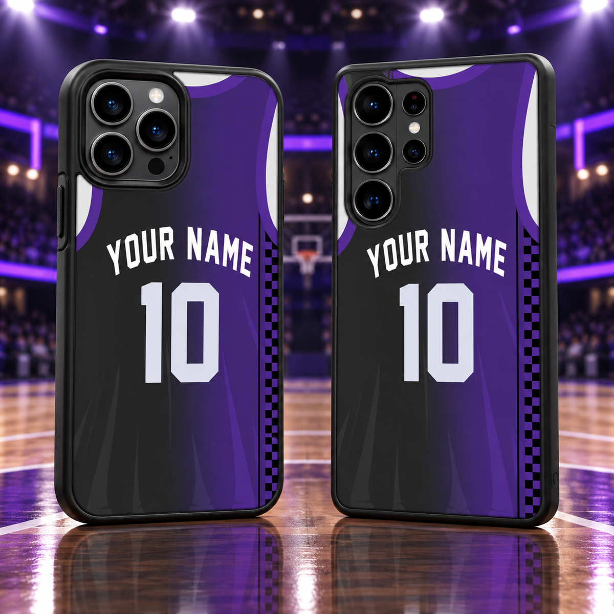 Sacramento Kings black and purple personalized jersey number 10 iPhone 18 Pro Max and Samsung Galaxy S26 Ultra case mockup