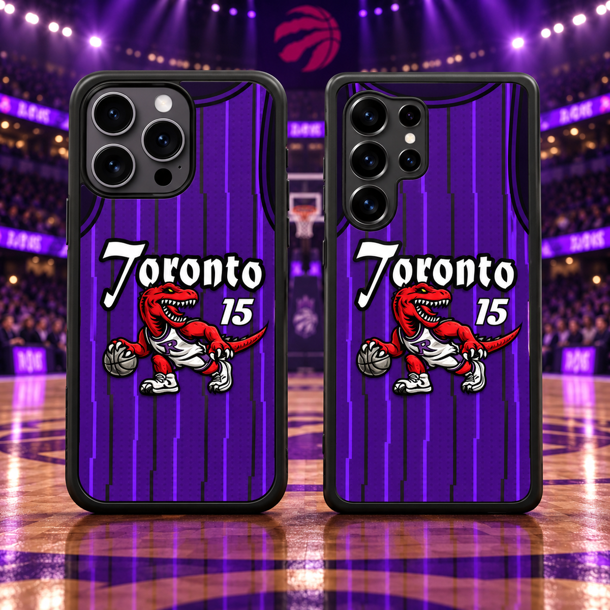 Toronto Raptors purple 15 dinosaur basketball jersey phone case mockup