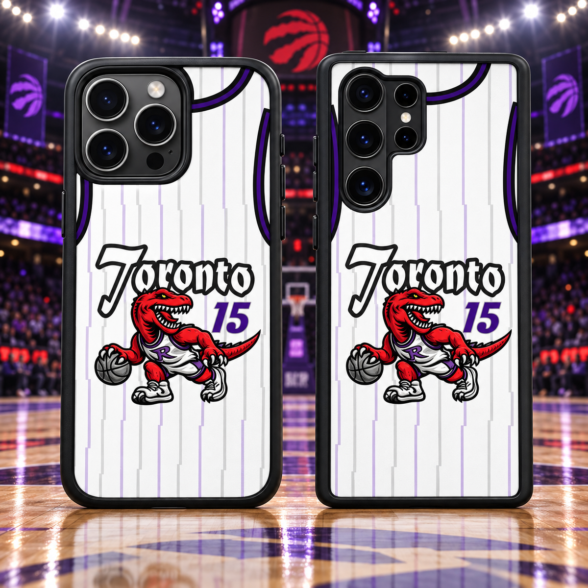 Toronto Raptors white 15 dinosaur basketball jersey phone case mockup