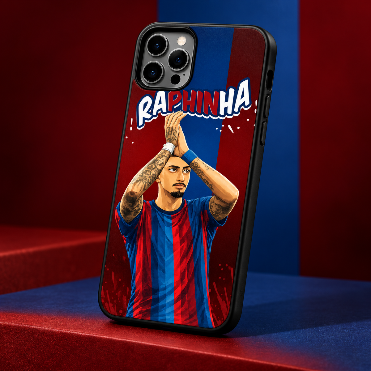 Raphinha graffiti black-edge TPU case closeup