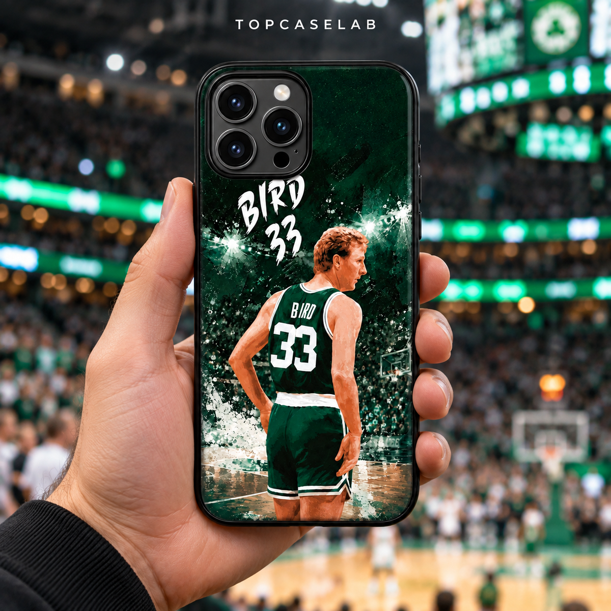 Larry Bird phone case at basketball arena
