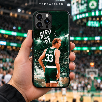 Larry Bird phone case at basketball arena