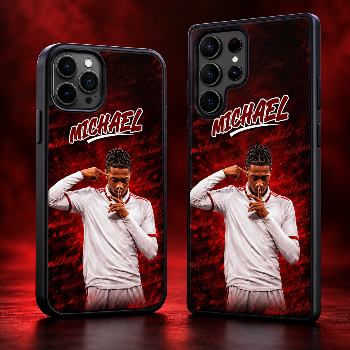 Michael soccer red and black TPU phone case main mockup
