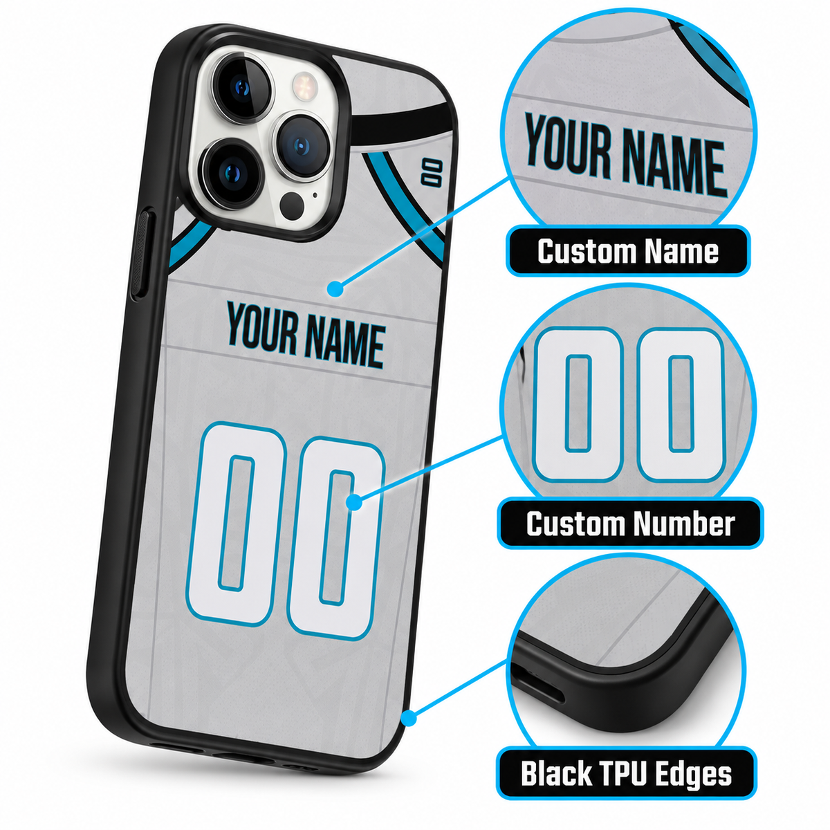 Carolina personalized case custom name, custom number and black TPU edges