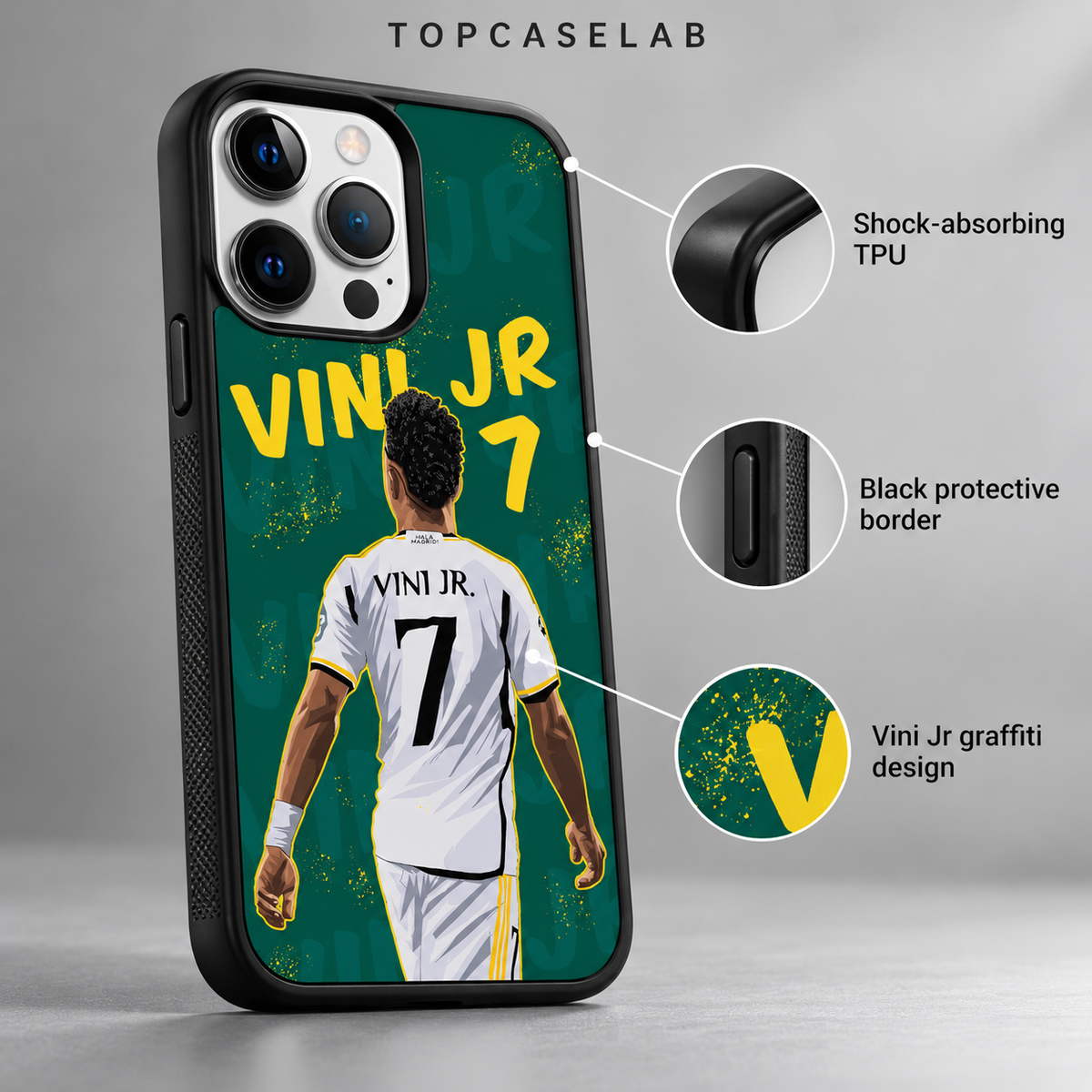 Vini Jr graffiti black TPU case — features