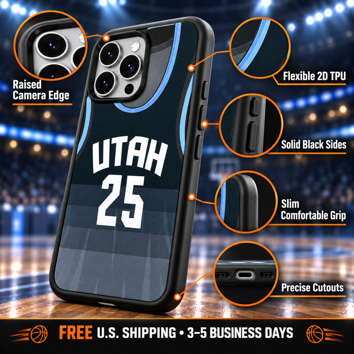 Utah Jazz 25 TPU phone case product features and free shipping infographic